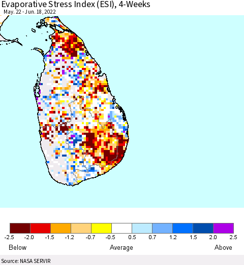 Sri Lanka Evaporative Stress Index (ESI), 4-Weeks Thematic Map For 6/13/2022 - 6/19/2022