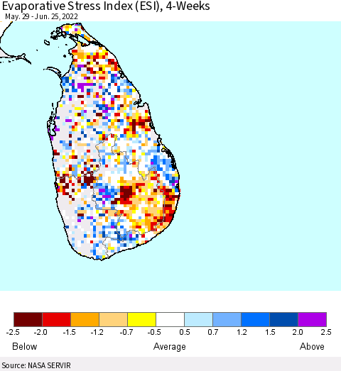Sri Lanka Evaporative Stress Index (ESI), 4-Weeks Thematic Map For 6/20/2022 - 6/26/2022