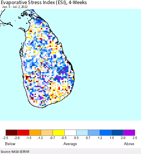 Sri Lanka Evaporative Stress Index (ESI), 4-Weeks Thematic Map For 6/27/2022 - 7/3/2022