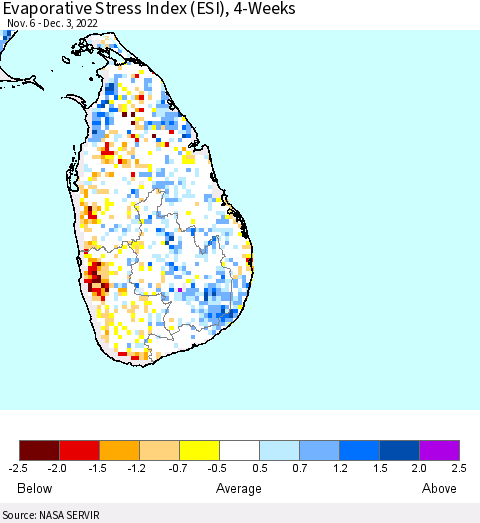 Sri Lanka Evaporative Stress Index (ESI), 4-Weeks Thematic Map For 11/28/2022 - 12/4/2022