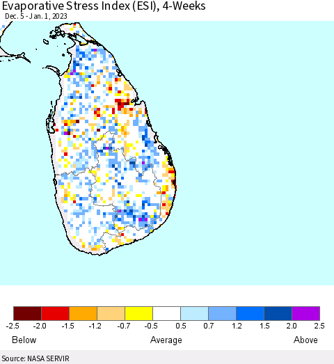 Sri Lanka Evaporative Stress Index (ESI), 4-Weeks Thematic Map For 12/26/2022 - 1/1/2023