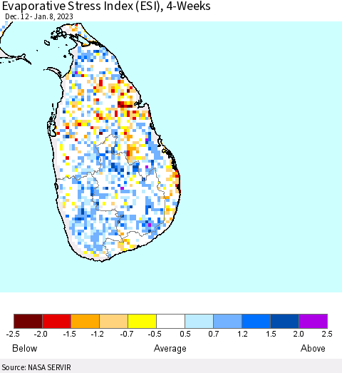 Sri Lanka Evaporative Stress Index (ESI), 4-Weeks Thematic Map For 1/2/2023 - 1/8/2023
