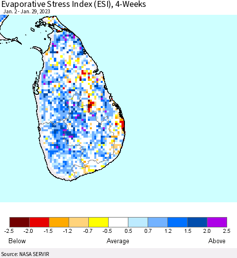 Sri Lanka Evaporative Stress Index (ESI), 4-Weeks Thematic Map For 1/23/2023 - 1/29/2023