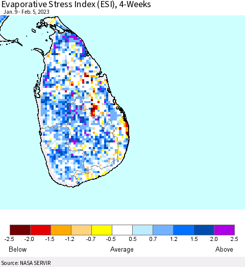 Sri Lanka Evaporative Stress Index (ESI), 4-Weeks Thematic Map For 1/30/2023 - 2/5/2023