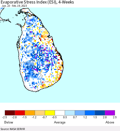 Sri Lanka Evaporative Stress Index (ESI), 4-Weeks Thematic Map For 2/13/2023 - 2/19/2023
