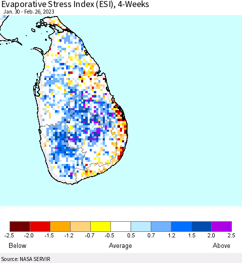 Sri Lanka Evaporative Stress Index (ESI), 4-Weeks Thematic Map For 2/20/2023 - 2/26/2023