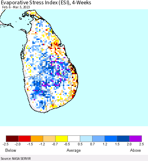 Sri Lanka Evaporative Stress Index (ESI), 4-Weeks Thematic Map For 2/27/2023 - 3/5/2023