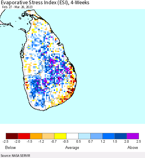 Sri Lanka Evaporative Stress Index (ESI), 4-Weeks Thematic Map For 3/20/2023 - 3/26/2023
