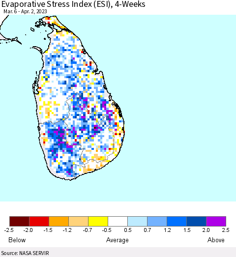 Sri Lanka Evaporative Stress Index (ESI), 4-Weeks Thematic Map For 3/27/2023 - 4/2/2023