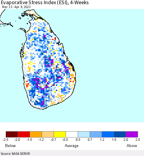 Sri Lanka Evaporative Stress Index (ESI), 4-Weeks Thematic Map For 4/3/2023 - 4/9/2023