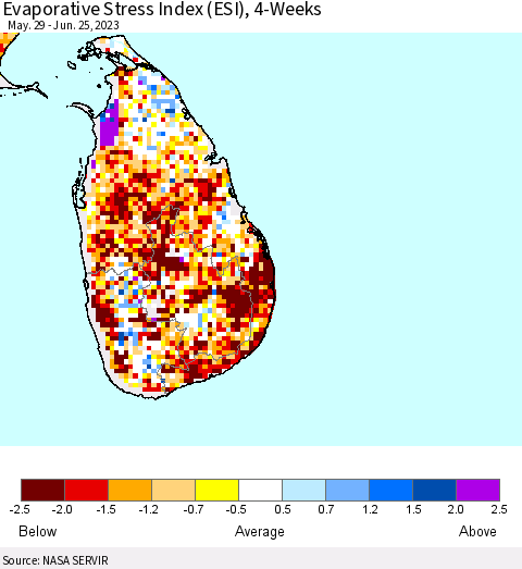 Sri Lanka Evaporative Stress Index (ESI), 4-Weeks Thematic Map For 6/19/2023 - 6/25/2023