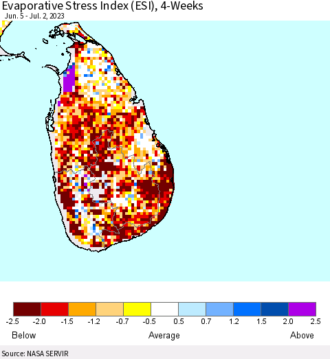 Sri Lanka Evaporative Stress Index (ESI), 4-Weeks Thematic Map For 6/26/2023 - 7/2/2023