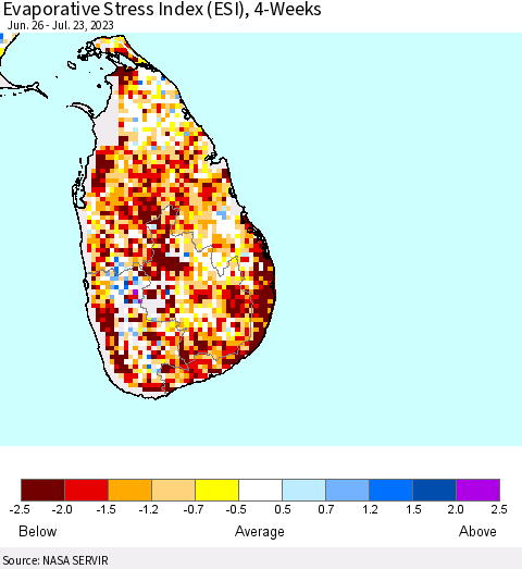 Sri Lanka Evaporative Stress Index (ESI), 4-Weeks Thematic Map For 7/17/2023 - 7/23/2023