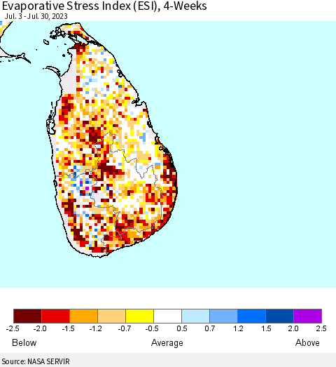 Sri Lanka Evaporative Stress Index (ESI), 4-Weeks Thematic Map For 7/24/2023 - 7/30/2023