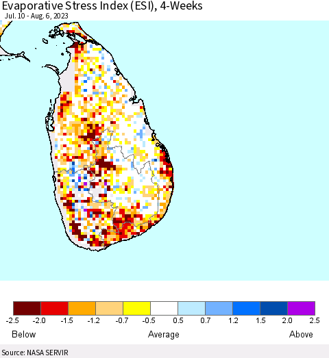 Sri Lanka Evaporative Stress Index (ESI), 4-Weeks Thematic Map For 7/31/2023 - 8/6/2023