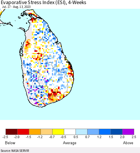 Sri Lanka Evaporative Stress Index (ESI), 4-Weeks Thematic Map For 8/7/2023 - 8/13/2023