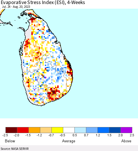 Sri Lanka Evaporative Stress Index (ESI), 4-Weeks Thematic Map For 8/14/2023 - 8/20/2023