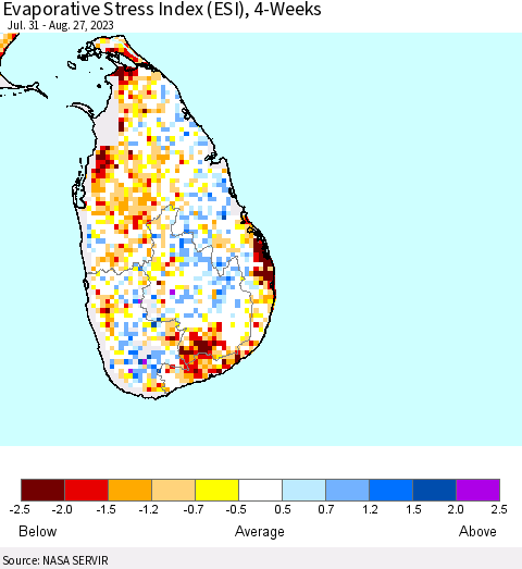 Sri Lanka Evaporative Stress Index (ESI), 4-Weeks Thematic Map For 8/21/2023 - 8/27/2023