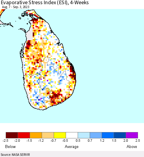Sri Lanka Evaporative Stress Index (ESI), 4-Weeks Thematic Map For 8/28/2023 - 9/3/2023
