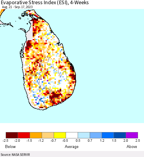 Sri Lanka Evaporative Stress Index (ESI), 4-Weeks Thematic Map For 9/11/2023 - 9/17/2023