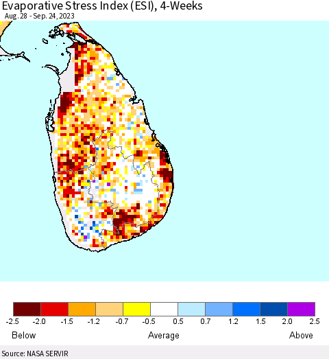 Sri Lanka Evaporative Stress Index (ESI), 4-Weeks Thematic Map For 9/18/2023 - 9/24/2023