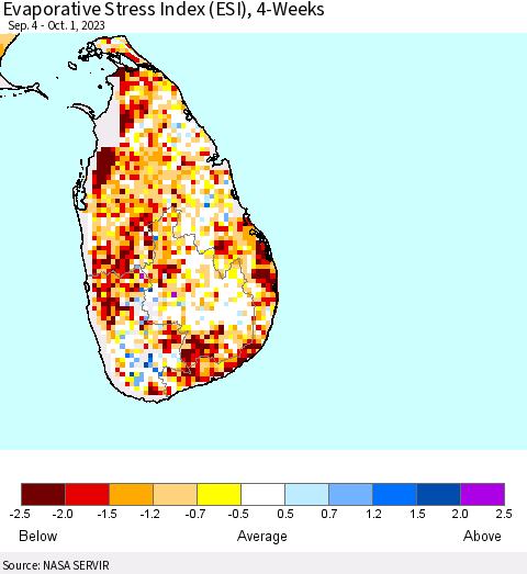 Sri Lanka Evaporative Stress Index (ESI), 4-Weeks Thematic Map For 9/25/2023 - 10/1/2023