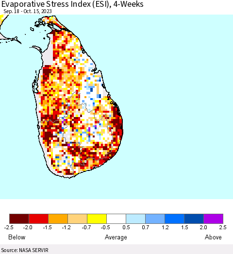 Sri Lanka Evaporative Stress Index (ESI), 4-Weeks Thematic Map For 10/9/2023 - 10/15/2023