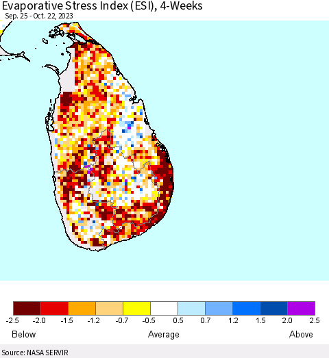 Sri Lanka Evaporative Stress Index (ESI), 4-Weeks Thematic Map For 10/16/2023 - 10/22/2023