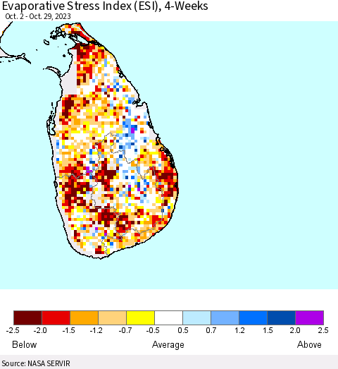 Sri Lanka Evaporative Stress Index (ESI), 4-Weeks Thematic Map For 10/23/2023 - 10/29/2023