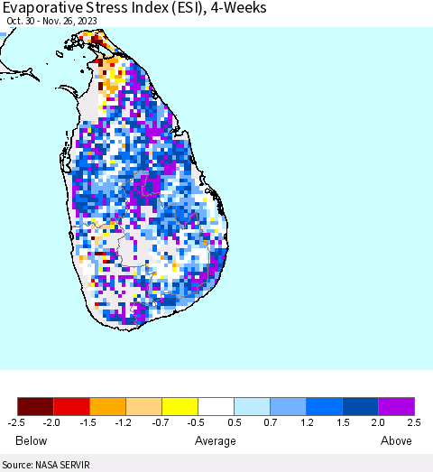 Sri Lanka Evaporative Stress Index (ESI), 4-Weeks Thematic Map For 11/20/2023 - 11/26/2023