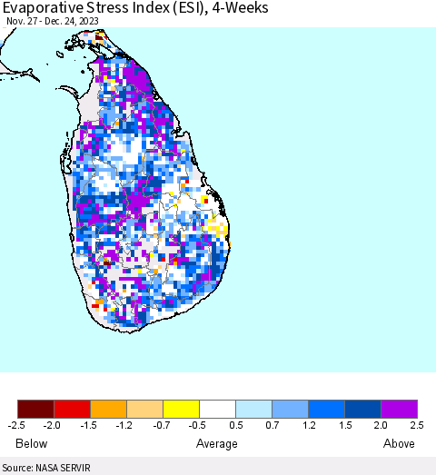 Sri Lanka Evaporative Stress Index (ESI), 4-Weeks Thematic Map For 12/18/2023 - 12/24/2023