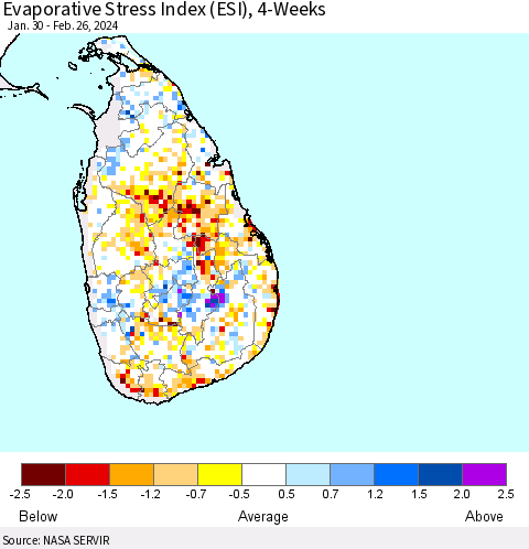 Sri Lanka Evaporative Stress Index (ESI), 4-Weeks Thematic Map For 2/26/2024 - 3/3/2024