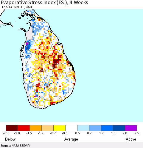 Sri Lanka Evaporative Stress Index (ESI), 4-Weeks Thematic Map For 3/11/2024 - 3/17/2024