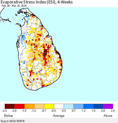 Sri Lanka Evaporative Stress Index (ESI), 4-Weeks Thematic Map For 3/18/2024 - 3/24/2024