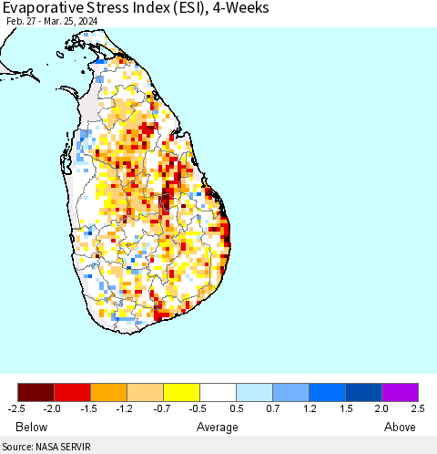Sri Lanka Evaporative Stress Index (ESI), 4-Weeks Thematic Map For 3/25/2024 - 3/31/2024