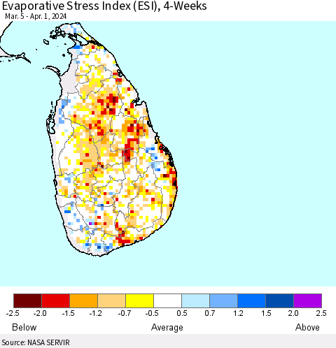 Sri Lanka Evaporative Stress Index (ESI), 4-Weeks Thematic Map For 4/1/2024 - 4/7/2024