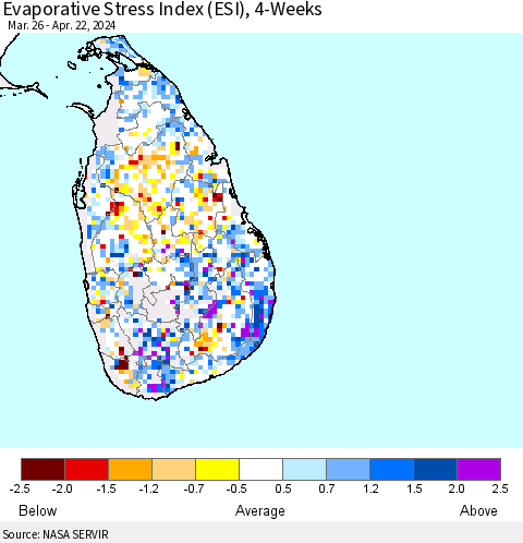 Sri Lanka Evaporative Stress Index (ESI), 4-Weeks Thematic Map For 4/22/2024 - 4/28/2024