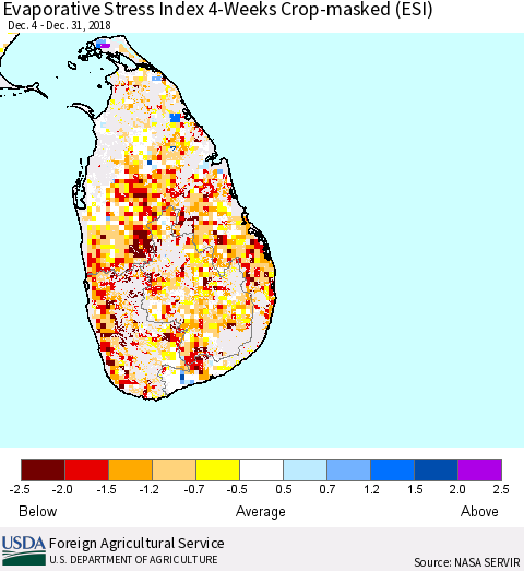 Sri Lanka Evaporative Stress Index (ESI), 4-Weeks over Croplands Thematic Map For 12/31/2018 - 1/6/2019