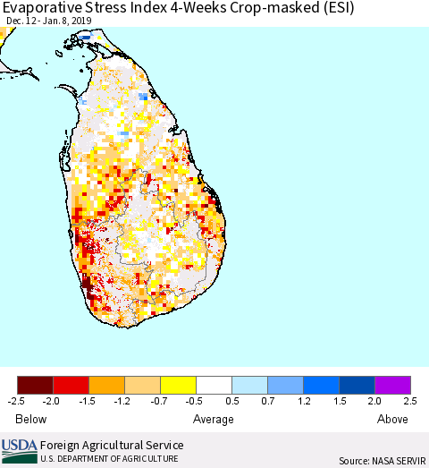 Sri Lanka Evaporative Stress Index (ESI), 4-Weeks over Croplands Thematic Map For 1/7/2019 - 1/13/2019