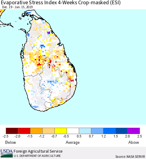 Sri Lanka Evaporative Stress Index (ESI), 4-Weeks over Croplands Thematic Map For 1/14/2019 - 1/20/2019