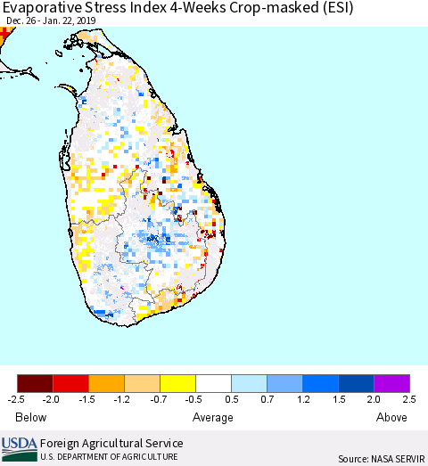 Sri Lanka Evaporative Stress Index (ESI), 4-Weeks over Croplands Thematic Map For 1/21/2019 - 1/27/2019
