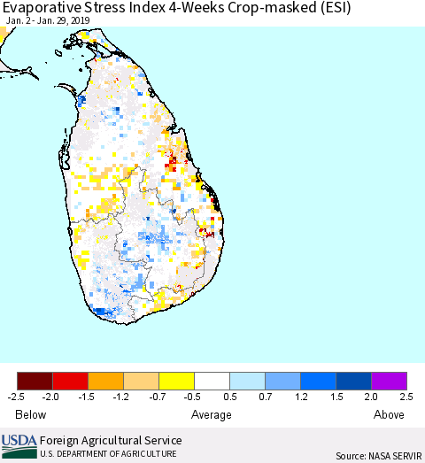 Sri Lanka Evaporative Stress Index (ESI), 4-Weeks over Croplands Thematic Map For 1/28/2019 - 2/3/2019