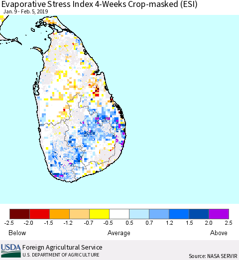 Sri Lanka Evaporative Stress Index (ESI), 4-Weeks over Croplands Thematic Map For 2/4/2019 - 2/10/2019