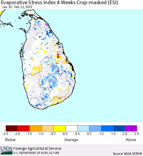 Sri Lanka Evaporative Stress Index (ESI), 4-Weeks over Croplands Thematic Map For 2/11/2019 - 2/17/2019
