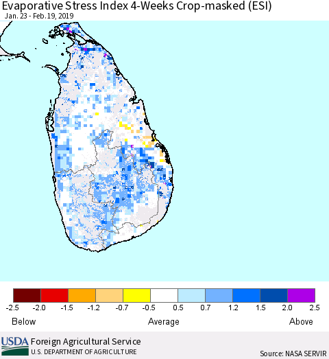 Sri Lanka Evaporative Stress Index (ESI), 4-Weeks over Croplands Thematic Map For 2/18/2019 - 2/24/2019