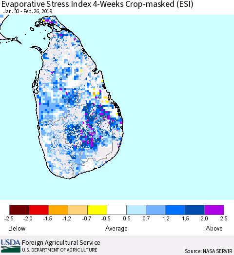 Sri Lanka Evaporative Stress Index (ESI), 4-Weeks over Croplands Thematic Map For 2/25/2019 - 3/3/2019
