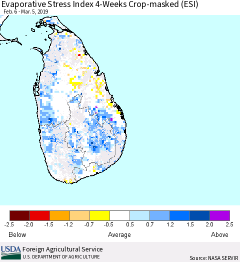Sri Lanka Evaporative Stress Index (ESI), 4-Weeks over Croplands Thematic Map For 3/4/2019 - 3/10/2019
