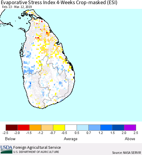 Sri Lanka Evaporative Stress Index (ESI), 4-Weeks over Croplands Thematic Map For 3/11/2019 - 3/17/2019