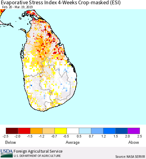 Sri Lanka Evaporative Stress Index (ESI), 4-Weeks over Croplands Thematic Map For 3/18/2019 - 3/24/2019
