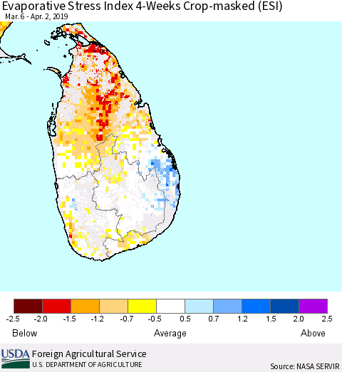 Sri Lanka Evaporative Stress Index (ESI), 4-Weeks over Croplands Thematic Map For 4/1/2019 - 4/7/2019
